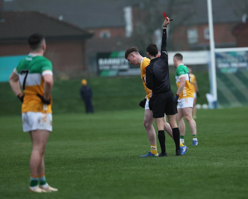 Antrim’s Conor Hand is sent off  during Sunday’s Allianz Football League Division 3 match at Corrigan Park in Belfast.
PICTURE: COLM LENAGHAN