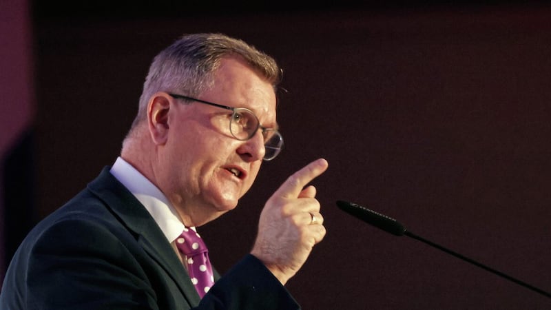 Sir Jeffrey Donaldson delivers his first conference speech as DUP leader. Picture by PA Wire 