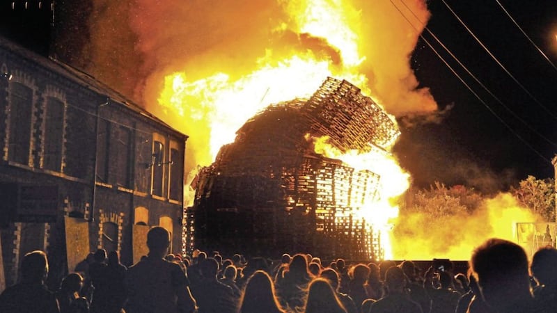 An Eleventh Night bonfire after it was built along the walkway next to Chobham Street in east Belfast in 2015 minutes before it toppled. Picture by Justin Kernoghan 