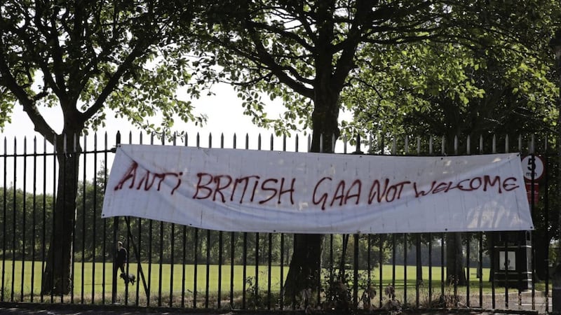 An anti-GAA banner displayed in 2020 at Grove playing fields in north Belfast