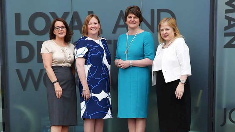 First Minister Arlene Foster pictured at the Women In Business Chairs' lunch with (from left) Jackie Henry (Deloitte), Roseann Kelly (WIB chief executive) and Imelda McMillan (chair of WIB and partner in O&rsquo;Reilly Stewart Solicitors)