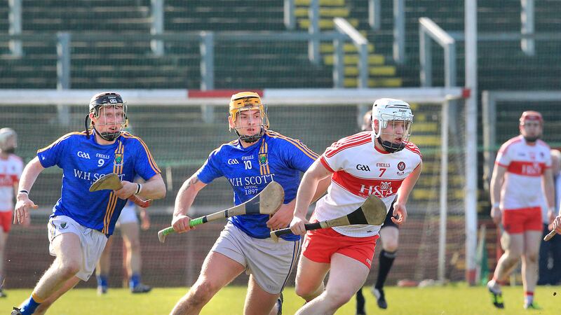 Derry's Odhran McKeever with Anto Byrne and Danny Staunton of Wicklow during their Allianz Hurling League Division 2B match at Celtic Park. Picture by Margaret McLaughlin&nbsp;