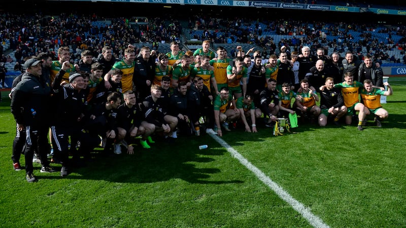 The Donegal squad celebrates their one-point win over Armagh at Croke Park. Picture: Mark Marlow