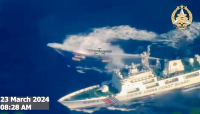 Chinese coast guard previously blasted the Unaizah May 4 with high-pressure water cannon blasts in a confrontation near the Second Thomas Shoal on March 5 (Armed Forces of the Philippines via AP)
