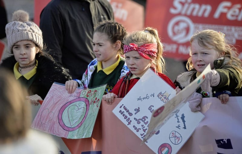 A crowd mostly made up of young school children attend an Irish Language protest at Stomront in east Belfast regarding the  Irish language act not being put through the Northern Ireland Assembly.  Picture Mark Marlow. 