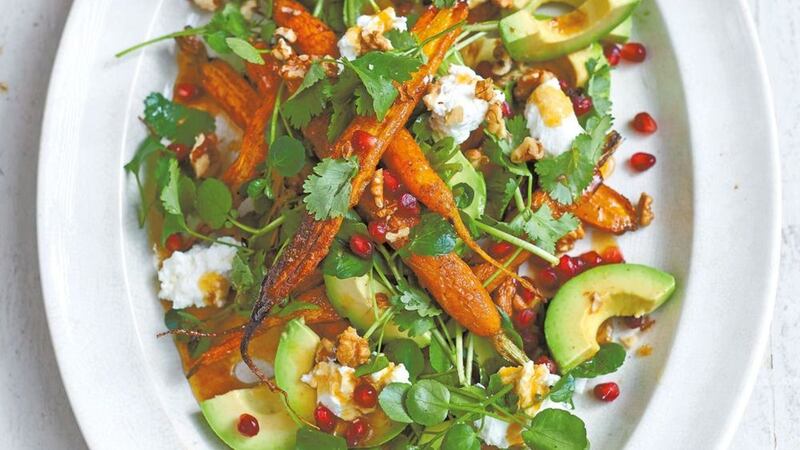 Cumin-coriander roasted carrots with pomegranate and avocado, From Simple by Diana Henry 