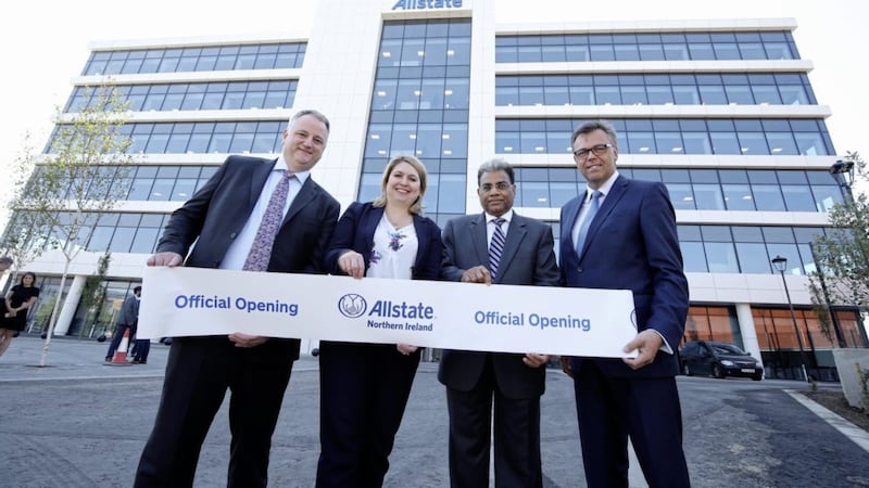 Secretary of State for Northern Ireland, Karen Bradley is pictured with Suren Gupta, Allstate, John Healy, Allstate and Allister Hamilton, Invest NI at the new Allstate NI Mays Meadow building. Picture by Kelvin Boyes / Press Eye 