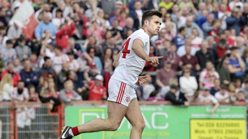 12-05-2019:  Tyrone Darren McCurry celebrates a goal against Derry during the Ulster Senior Football Championship match at Healy Park, Omagh on Sunday. Picture Margaret McLaughlin 