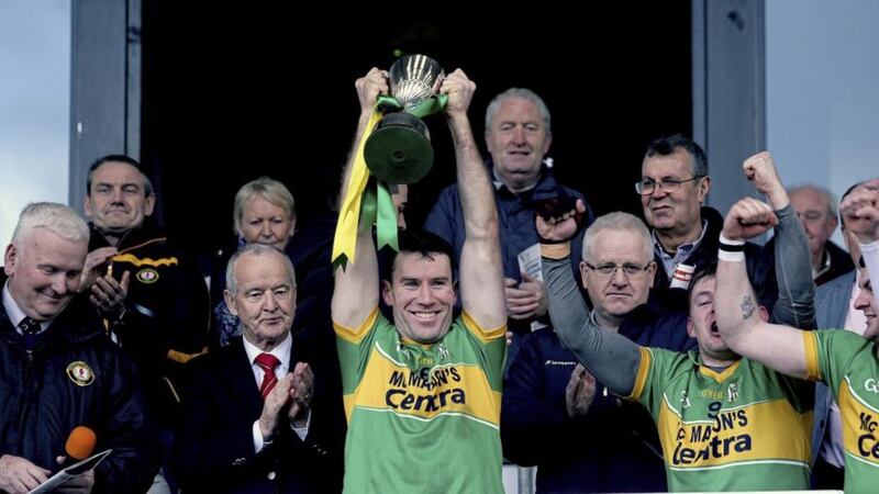Castleblaney&#39;s captain Peter Treanor lifts the cup after yesterday&#39;s junior final at the Athletic Grounds at the expense of Cushendun Picture Seamus Loughran. 