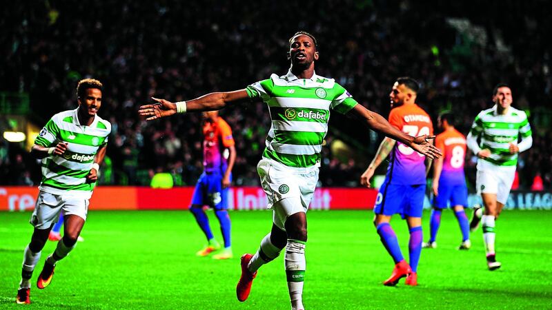 Celtic&rsquo;s Moussa Dembele, who had opened the scoring, celebrates after putting the Hoops 3-2 up in last night&rsquo;s Uefa Champions League Group C match at Celtic Park. The match finished in a 3-3 draw. Picture by PA