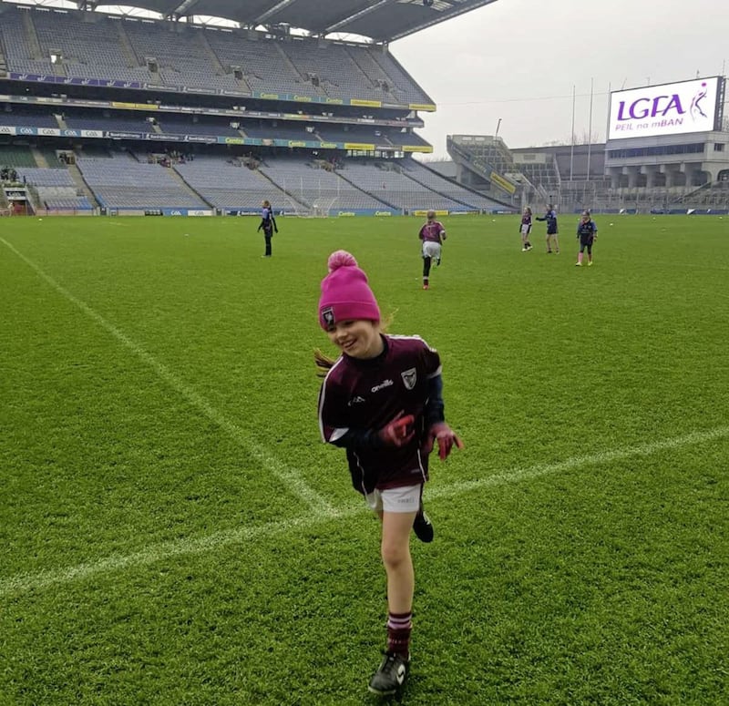 Cara Daly pictured playing for Bredagh GAA U10 ladies football squad at Croke Park on Monday 