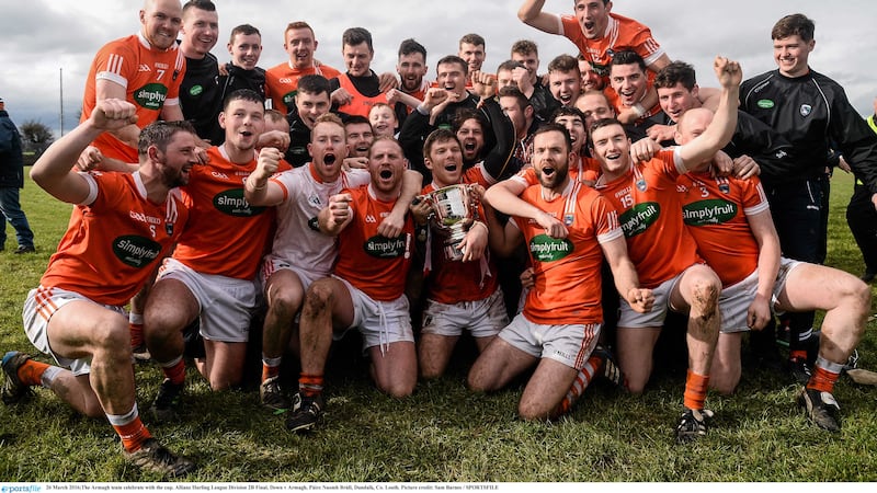 Armagh celebrate after beating Down in the NHL Division 2B final<br />Picture: Sportsfile<br />&nbsp;