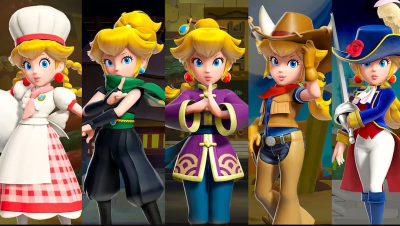 A picture showing the full range of Princess Peach's personas, from pastry chef to sword-wielding swashbuckler