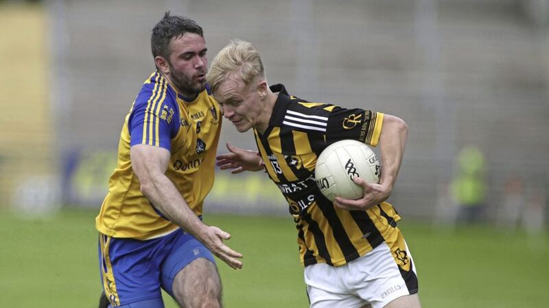 Crossmaglen&#39;s Cian McConville on the way past Silverbridge&#39;s Paddy Reel in the first round. Picture by Hugh Russell. 