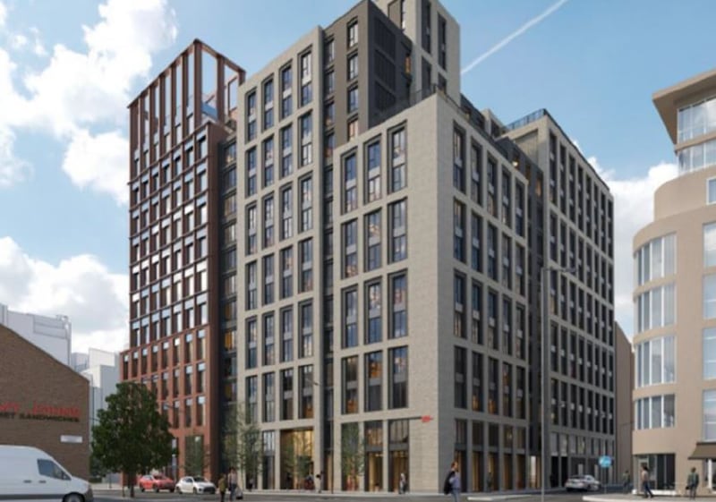 How the new student accommodation scheme will look alongside the Kainos' office building on Belfast's Dublin Road.