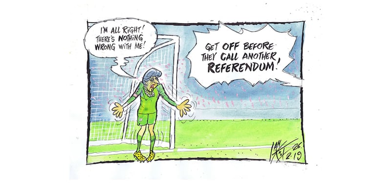 Ian Knox cartoon 26/2/19: Jeremy Corbyn tells Labour MPs the party will move to back another vote if their own proposed Brexit deal is rejected tomorrow. Theresa May is facing the threat of a revolt by Remain-supporting ministers as she chairs a crucial cabinet meeting on her Brexit negotiations.  Chelsea goalkeeper, Kepa Arrizabalaga, refuses to come off the pitch when substituted during the Carabao Cup final&nbsp;