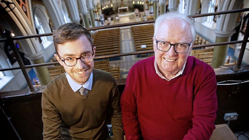 Ahead of the organ recital at St Peter&#39;s Cathedral, Belfast last Saturday are director of music James McConnell, pictured left, and former director of music Raymond Lennon. Picture by Hugh Russell. 