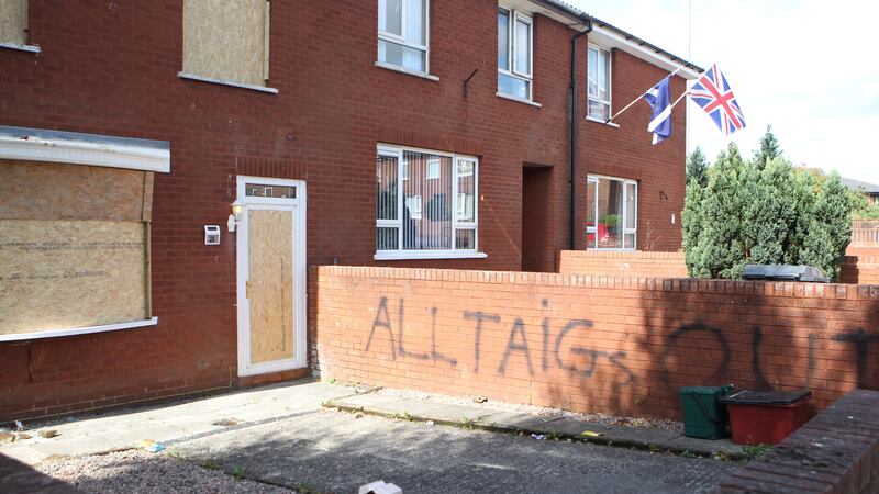 Sectarian graffiti outside a north Belfast house allegedly attacked by loyalists. Picture by Hugh Russell