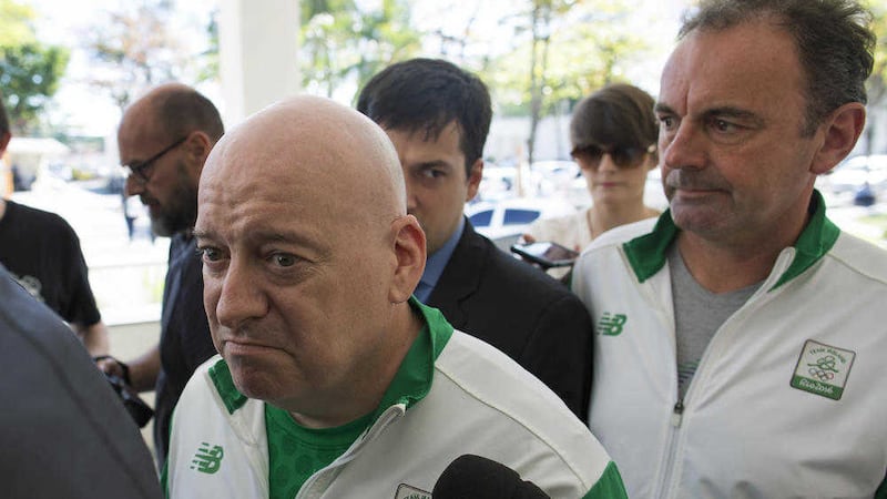 Ireland&#39;s Olympic Council team leader Kevin Kilty, left, and chief executive Stephen Martin, arrive at police headquarters in Rio. Picture by Leo Correa, Associated Press              