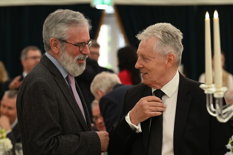Former Sinn Fein President Gerry Adams (left) with Peter Robinson during the gala dinner at Hillsborough Castle, Co Down. Picture by Charles McQuillan/PA Wire