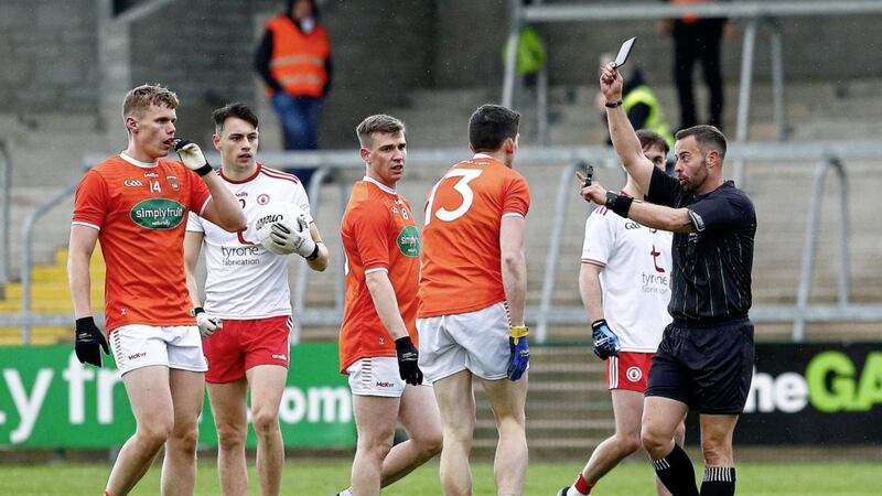 Armagh&#39;s Rory Grugan gets a black card during the Division One clash between Armagh and Tyrone. Pic Philip Walsh. 