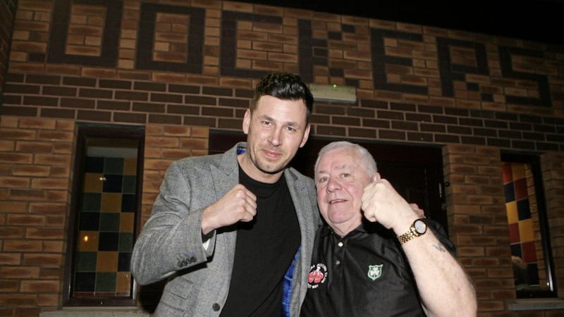Paddy Fitzsimons pictured with former super-middleweight world champion Darren Barker outside the Dockers club. Picture Matt Bohill.. 
