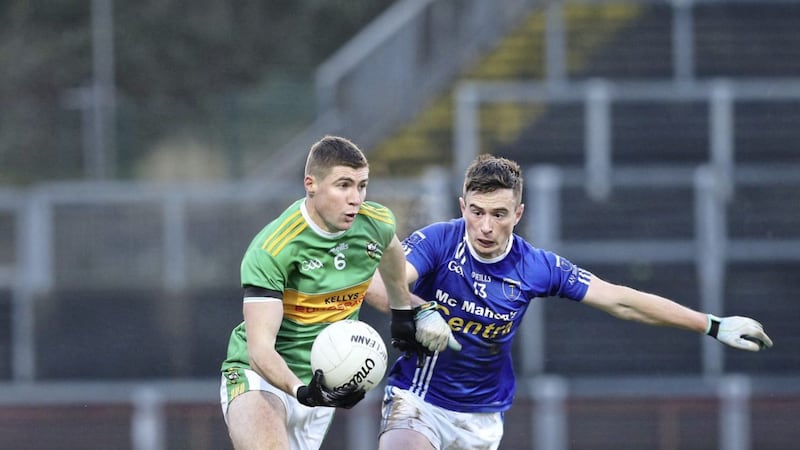 Glen&#39;s Ciaran McFaul with Shane Carey of Scotstown during the Ulster Football Senior Club Championship quarter-final at Celtic Park. Picture Margaret McLaughlin 