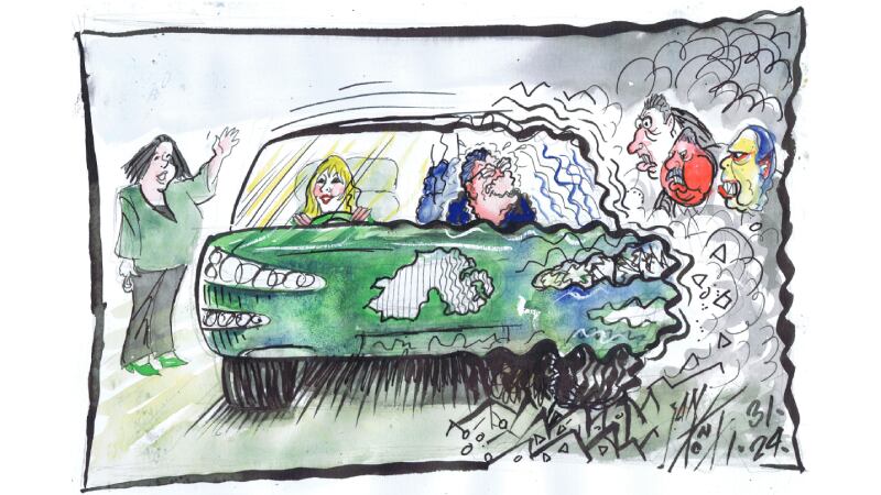 Cartoon showing Michelle O'Neill and Jeffrey Donaldson driving a car. Jeffrey is in some discomfort as Ian Paisley, Nigel Poots and Sammy Wilson angrily watch him