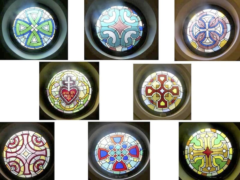 A series of circular stained glass windows in St Patrick and St Brigid&#39;s Church, Ballycastle. Designed by Erica Ryan, they depict in stylised form a representative selection of Irish high crosses. Pictured are: top row, left to right, Fahan Mura, Inis Cealtra and Mona Incha; middle row, left to right, Tynan Abbey, Castledermot and Clonmacnoise; bottom, Dysert O&#39;Dea. 