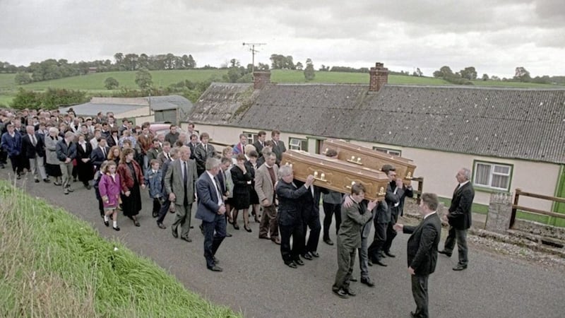 The funeral of Charlie and Tess Fox, murdered by the UVF, passes their Co Tyrone home. 