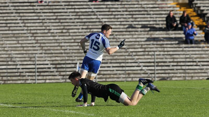 Monaghan's Conor McManus turns away in celebration after finding the net against Fermanagh in their Ulster SFC preliminary round tussle on Saturday evening&nbsp;