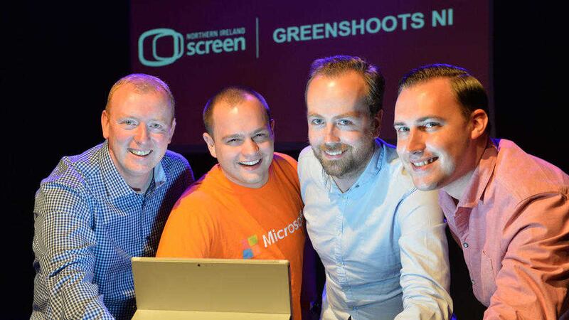 Pictured at the launch of Greenshoots NI are, from left, Michael Meagher, partner business evangelist, Microsoft Ireland; Ryan Mesches, technical evangelist, Microsoft Ireland; Donal Phillips, digital executive, Northern Ireland Screen; and Gareth Gray, Games NI. Photo by Aaron McCracken/Harrisons 