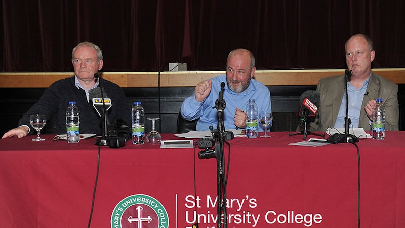 Deputy First Minister Martin MCGuinness, debate chairman Brian Rowan and Chief Constable George Hamilton at St Mary's College, Belfast, last week for an open-forum discussion and debate