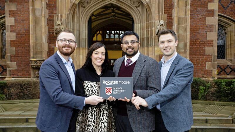 Pictured at Queen&#39;s are Stephen McCabe, the university&#39;s business alliance manager; Professor Karen Rafferty, head of the school of electronics, electrical engineering and computer science; Dr Blesson Varghese, who will lead the project; and Stuart Campbell, business development manager at the centre for data science and scalable computing at ECIT. 