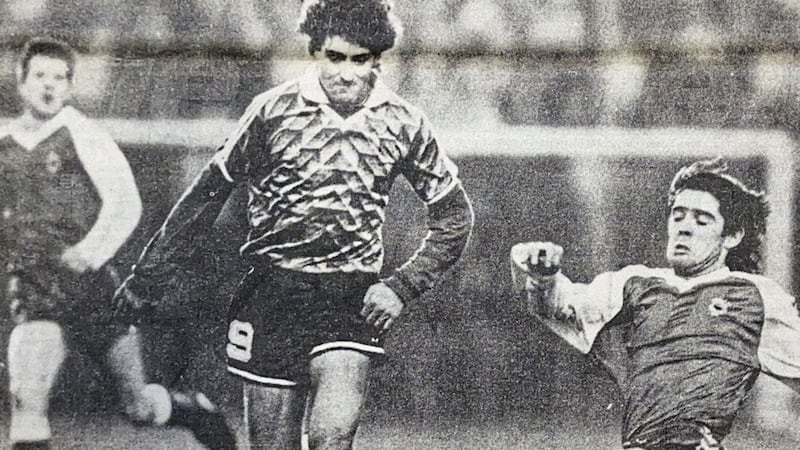 Argentina&#39;s Gustavo Dezotti skips away from Linfield&#39;s Michael Hayde during their April 1990 friendly clash at Windsor Park. Picture by Hugh Russell 