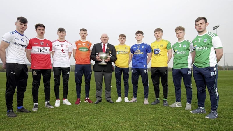 Ruairi Hagan of Antrim pictured at Monday evening&#39;s launch of the Electric Ireland Ulster GAA minor football championship. Also pictured Oliver Galligan, Ulster Council president, with, from left, minor team captains Jason Irwin (Monaghan), Aidan McCluskey (Derry), Niall Devlin (Tyrone), Sean McVerry (Armagh), Ruairi Hagan (Antrim), James McCahill (Cavan), Kieran Tobin (Donegal), Aaron Jones and Fergal Quinn (Fermanagh joint captains) 
