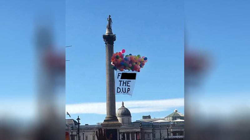 An anti-DUP banner at London's annual Pride parade on Saturday