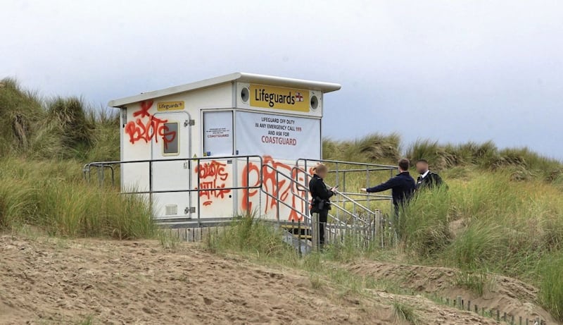 Police view the damage caused to the Lifeguard hut and other areas on Portstewart Strand in Co-Derry after it was attacked by vandals over the weekend. Picture Margaret McLaughlin 6-11-17. 