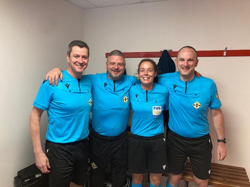 Davy Burns, Raymond Crangle, Rachel Greer and Evan Boyce take charge of last Saturday's game between Cliftonville and Glentoran - Crangle's second last game before retirement