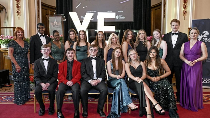 Among the initiatives run each year by Young Enterprise is its Company of the Year programmes. The 2023 winners Fur-Real, from Bangor Academy and Sixth Form College, are pictured with (far left) Judith Totten, chair of Young Enterprise and Paul Narain, US Consul General in Belfast; and, far right, Joe Kennedy III, US special envoy to Northern Ireland for economic affairs; and Carol Fitzsimons, chief executive of Young Enterprise 