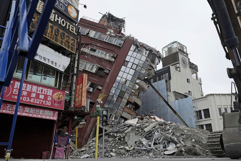 A building damaged by a powerful earthquake in Hualien, Taiwan (Suo Takekuma/Kyodo News via AP)