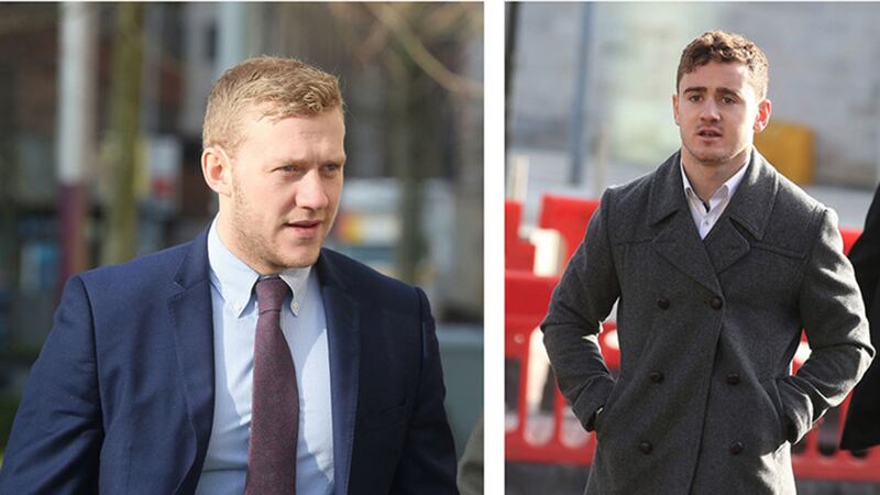 &nbsp;Stuart Olding (left) and Paddy Jackson arriving at court today. Pictures by Hugh Russell