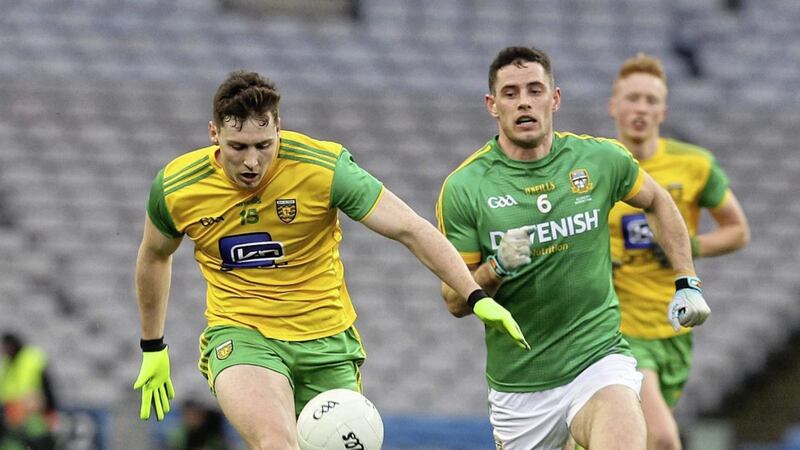 Meath&#39;s Donal Keogan plays catch up as Jamie Brennan launches another Donegal attack in the Allianz GAA Football League Division 2 final on Saturday March 30 2019. Picture by Philip Walsh. 