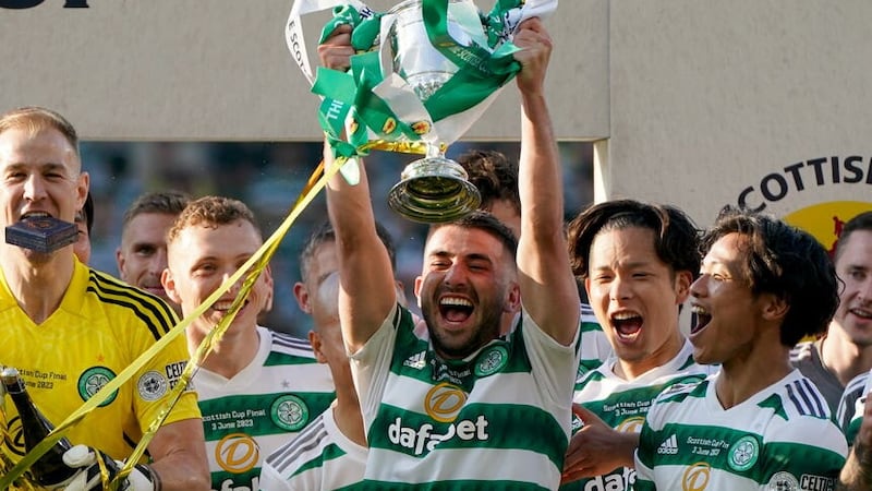 Celtic with the Scottish Cup on Saturday (Andrew Milligan/PA)