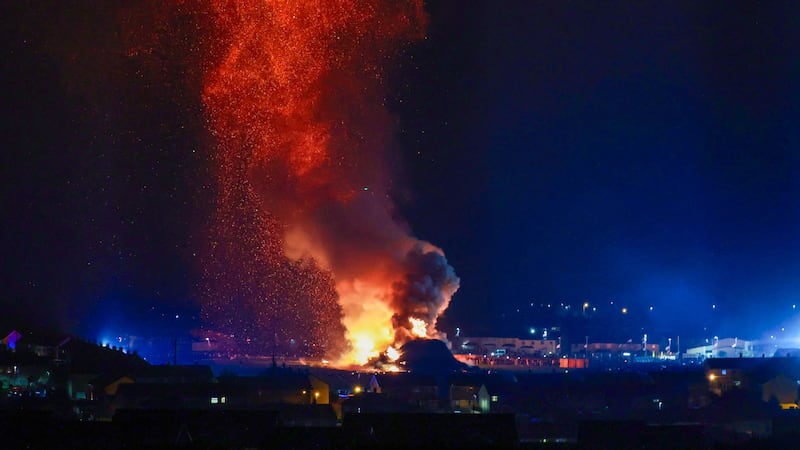 The burning of the Craigyhill loyalist bonfire in Larne, Co Antrim, on the Eleventh night. (PA)