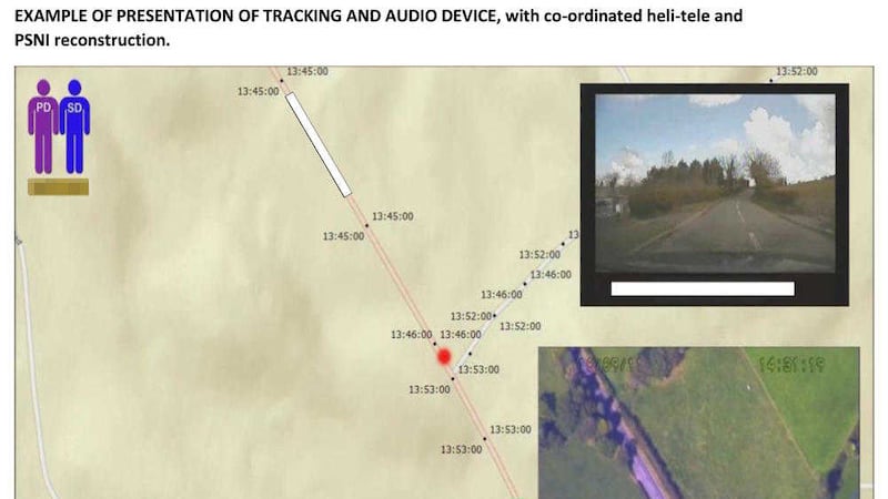 An exhibit presented to defence solicitors showing tracking and audio evidence co-ordinated with aerial footage 