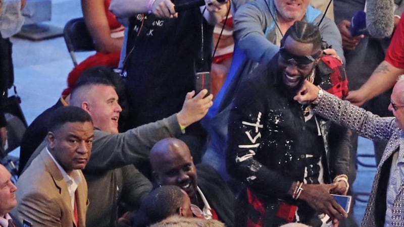 Paul &#39;Gazza&#39; Gascoigne shares a joke with Deontay Wilder before the Tyson Fury vs Francesco Pianeta fight at Windsor Park, Belfast. Picture by Niall Carson/PA 