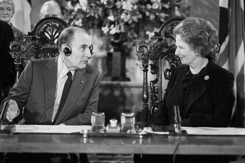 Then prime minister Margaret Thatcher with French President Francois Mitterrand at the Chapter House, Canterbury Cathedral, when the Channel Fixed Link Treaty was signed by the foreign secretaries