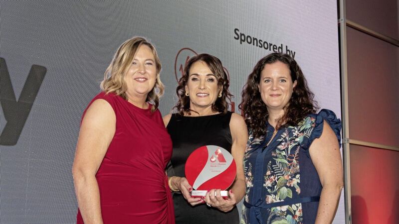 Businesswoman of the Year winner Edel Doherty (centre) pictured with Women in Business chief executive Roseann Kelly (left) and Alison Bawn, people director at headline sponsors Virgin Media Business 