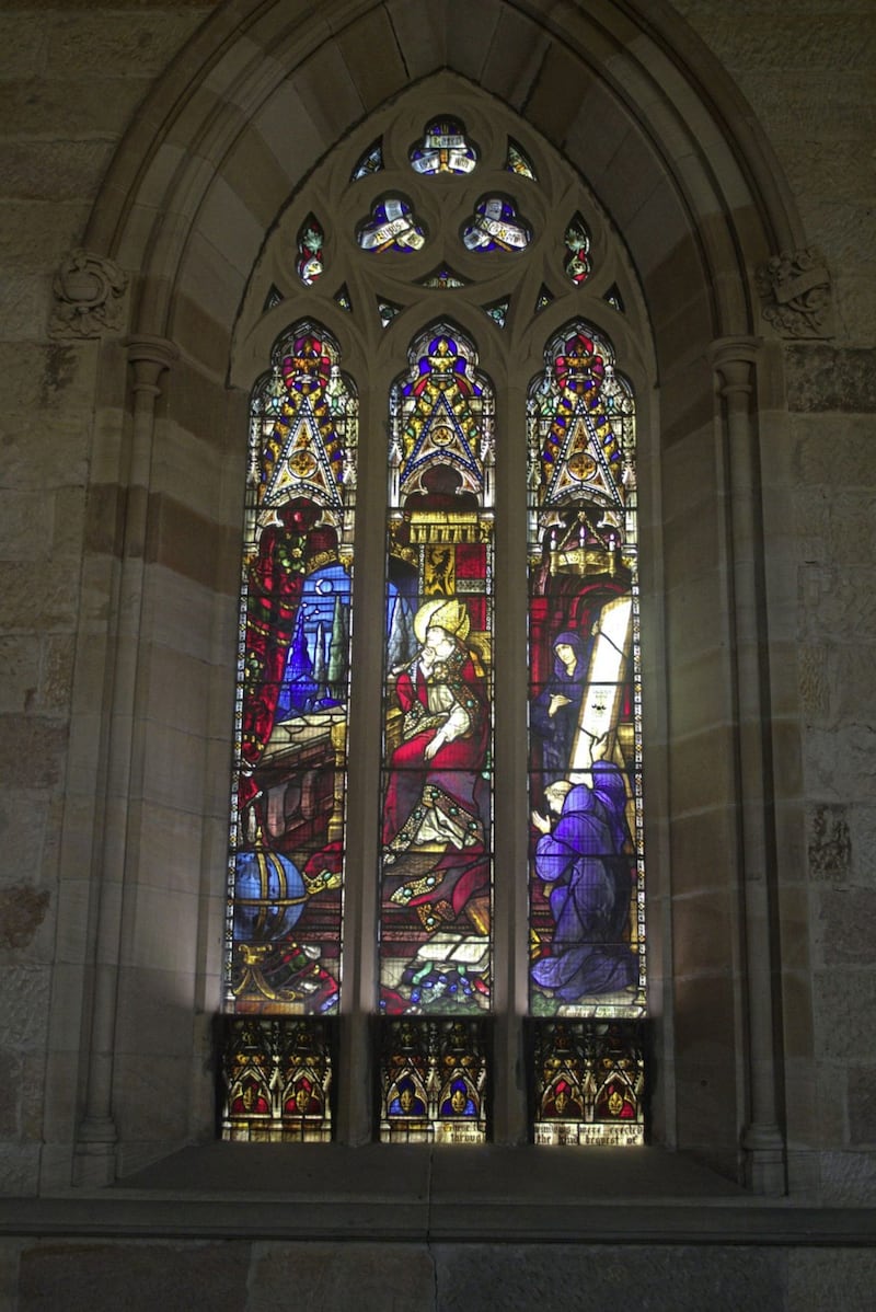 St Virgilius, or Fergal, who left Ireland around AD745, is depicted in this stained glass window contemplating the heavenly bodies with a globe at his feet showing the southern hemisphere, demonstrating that he knew the earth was round - almost a thousand years before Ferdinand Magellan proved it by sailing round it 